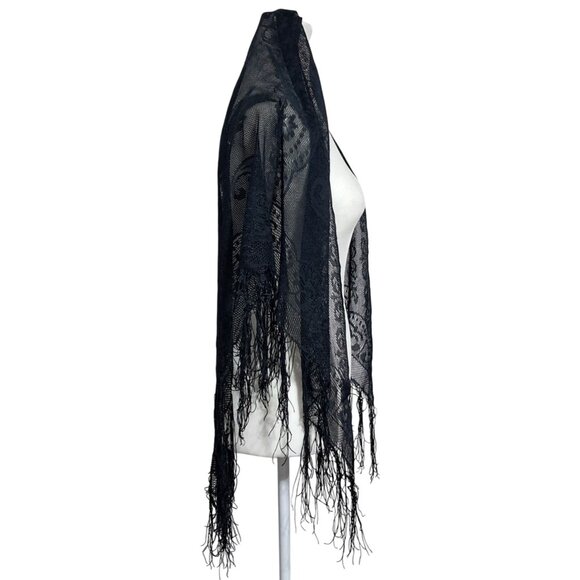 Vintage 1970s Black Lace Fringed Shawl English Village Japan Boho Goth Wrap - Picture 5 of 5